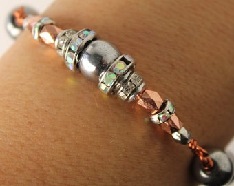 Copper silver hematite bracelet;copper bling bracelet;boho bracelet; grounding jewelry;wire wrapped two tone bracelet