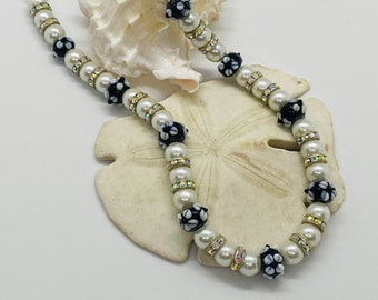 Pearls, Flowers, And Bling Necklace-Black And White Lampwork Bead Pearl Rhinestone Rondelle Statement 18” Necklace