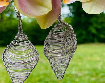 Woven Leaf Earrings-Wireweave Hanging Earrings-Stainless Wirewrapped Earrings-Beachy Jewelry-Boho Silver Leaf Dangles-Wire Drop Earrings