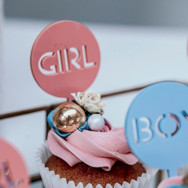 Cup Cake Topper aus Acryl Boy or girl im set für babyparty, Babyshower oder Gender-Reveal-Party