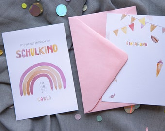 Einladungen Einschulung Aquarell Rosa & Orange Regenbogen personalisiert mit Namen und Datum zum selbst beschriften