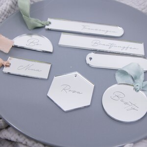 Place cards with names personalized made of mirror acrylic silver in different shapes Laser engraving image 8