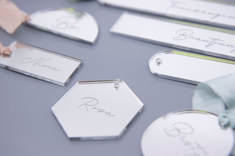 Place cards with names personalized made of mirror acrylic silver in different shapes Laser engraving image 3