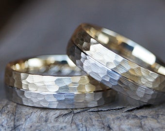 Wedding rings "we stay" hammered 585/- yellow gold and 585/- white gold