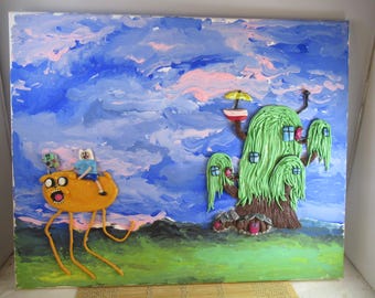 May include: A colorful painting of a scene from Adventure Time. It features Finn riding Jake, with the treehouse in the background. The sky is blue with pink clouds, and the grass is green.