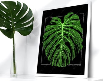 May include: A framed black and white botanical illustration of a large green Monstera leaf with the text "PLANT LIFE WILL ONLY TIME" printed below the leaf.