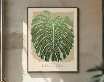 Modern Monstera Deliciosa Art Print: Hand-Drawn Botanical Tropical Leaf Illustration, Minimalist Plant Foliage Poster, Plant Art