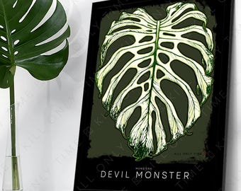 Modern Monstera Devil Monster Art Print: Hand-Drawn Retro Botanical Tropical Leaf Illustration, Minimalist Variegated Plant Poster
