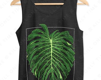 Monstera Deliciosa II Unisex Tank Top: Hand-Drawn Vintage Style Distressed Tropical Plant Illustration Comfort Colors Tank