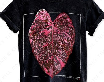May include: Black t-shirt with a pink and green leaf print and the text "KILL ONLY TIME" in white.