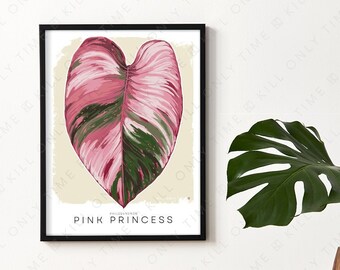 Modern Philodendron Pink Princess Art Print: Hand-Drawn PPP Botanical Illustration, Minimalist Tropical Plant Poster