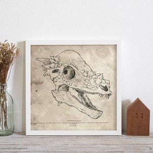 Pachycephalosaurus Skull Wall Art, Vintage Dinosaur Skull Wall Art, Dinosaur Fossil Poster Paleontology Scientific Anatomical Sketch Drawing