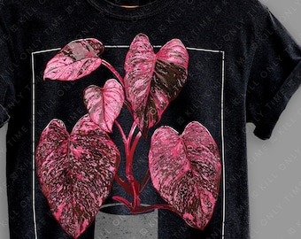 May include: Black t-shirt with a graphic of a pink and green plant in a gray pot. The text "KILL ONLY TIME" is printed on the shirt.