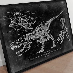 Tyrannosaurus Rex Skeleton Wall Art, Dinosaur Skull Drawing Print, Jurassic Fossil Art, Anatomical Sketch, T-rex Poster, Scientific Drawing