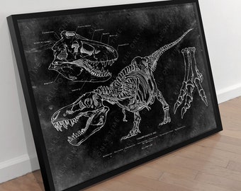 Tyrannosaurus Rex Skeleton Art Print: Hand-Drawn Vintage Dinosaur Anatomical Fossil Illustration, T-Rex Paleontology Drawing