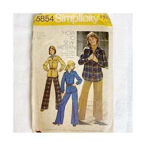 Vintage ca. 1973 Simplicity 5854 Unlined Shirt Jacket And Pants Sewing Pattern Size 12 Bust 34&quot;