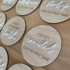 My ‘First’ Baby Milestone Discs / cards with acrylic - Laser engraved - wood - flat lay photo prop - newborn baby - Baby Shower gift