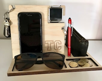 Nightstand Valet - phone charging dock / stand / station - for wallet, glasses, watch, ring, phone, pen - Father's Day
