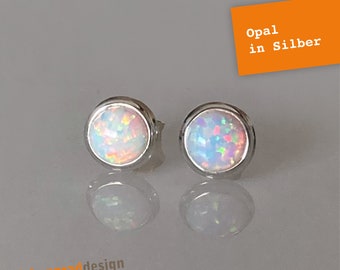 Silver stud earrings with opal - round - glittering - 8 - silver 925