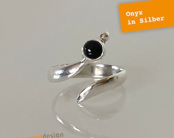 Sterling silver toe ring - curved - onyx - size adjustable - silver 925
