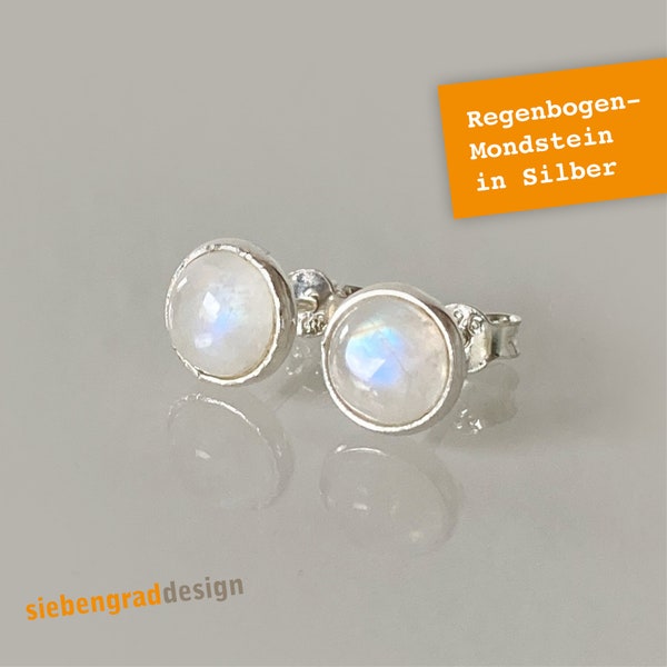 Silver stud earrings - rainbow moonstone - 7 mm - round - BEZ - AJ
