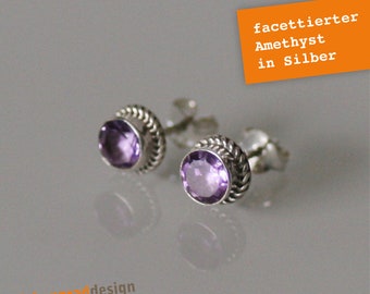 Silber-Ohrstecker mit facettiertem Amethyst - filigran verziert - DEL KM - Silber 925