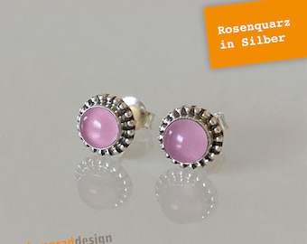 Silver ear studs - rose quartz - decorated - dotted edge - DEL - silver 925