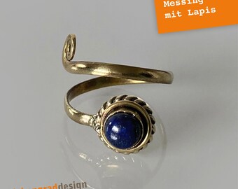 Toe ring - brass - lapis lazuli - round - decorated - "kringel"