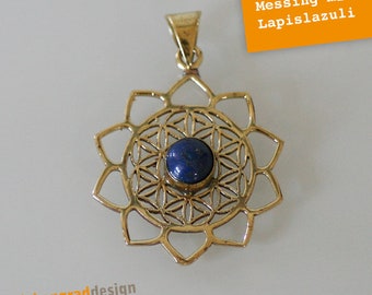 Necklace-Pendant-brass-Flower of life-Lapis