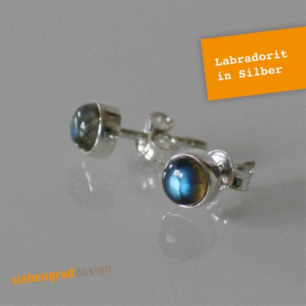 Silver stud earrings - labradorite - 5 mm - round - AJ