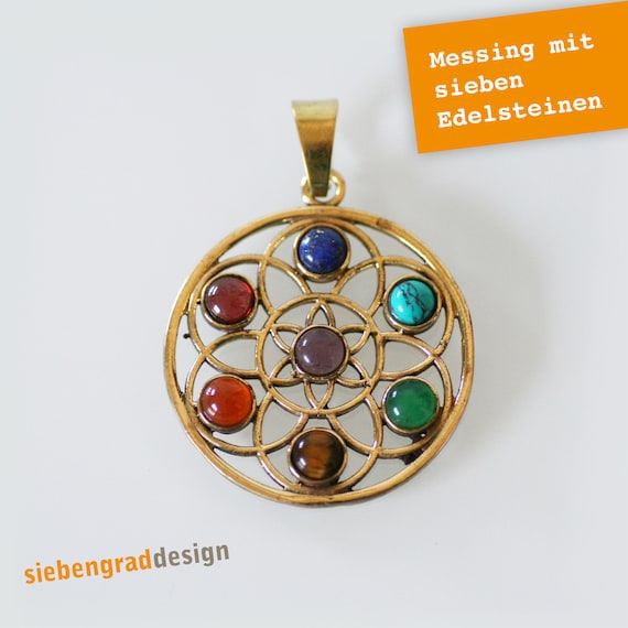 Chakra Anhänger - 7 Chakra Steine - Chakra-Anhänger Blume des Lebens - Yoga Halskette - Messing