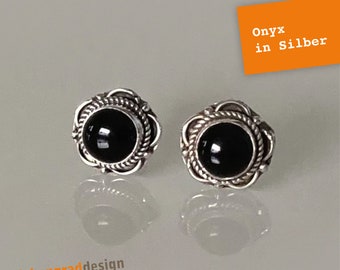 Silber-Ohrstecker - Onyx - verziert - Blume - DEL - Silber 925