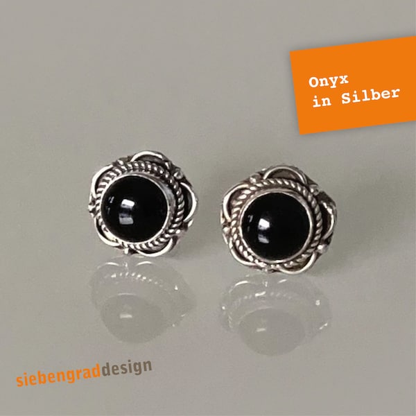 Silver stud earrings - onyx - decorated - flower - DEL - silver 925