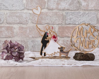 Wedding gift / bride and groom on driftwood with baby and dog