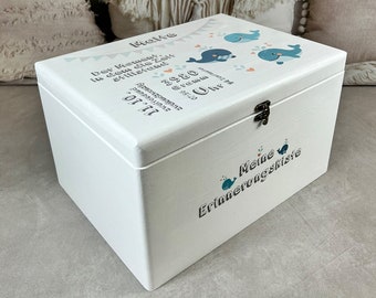 Erinnerungskiste Baby groß in weiß, süßer Wal, Geschenk zur Geburt, Geschenk Baby, Erinnerungsbox mit Geburtsdaten, Geschenk zur Taufe