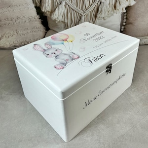 Caja de recuerdos para bebé grande, blanca, conejo, conejito con globo, caja de recuerdos con fechas de nacimiento, regalo de bautismo, regalo de nacimiento