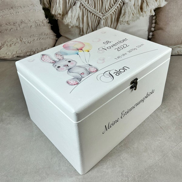 Baby memory box large, white, rabbit, bunny with balloon, memory box with birth dates, baptism gift, birth gift