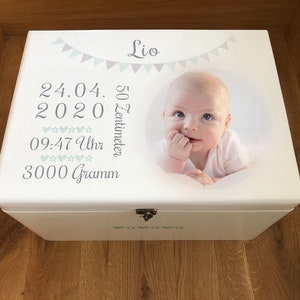 Memory box personalized with birth dates, memory box in white, with your own baby photo, baby gift 40x30x24 cm