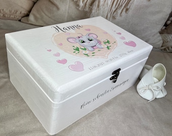 Memory box with mouse motif, white, personalized with name and date of birth, gift for a birth or baptism