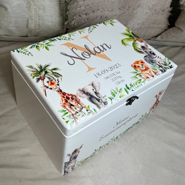 Memory box white, motif safari animals - lion, zebra, giraffe, elephant, personalized with name and date of birth, gift for a birth
