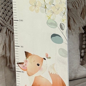 Metro per bambini simpatica volpe, personalizzato, 70 cm-160 cm, in legno massiccio verniciato bianco, regalo per nascita, battesimo, Pasqua.