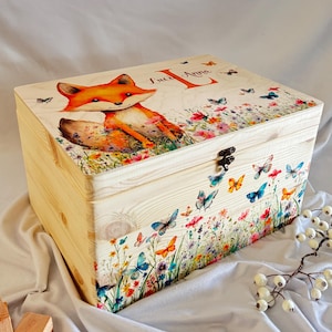 Caja de juguetes, caja de recuerdos para bebé, animales del bosque: zorro, conejo, ardilla. Personalizado con nombre y fecha de nacimiento, idea de regalo de Pascua.