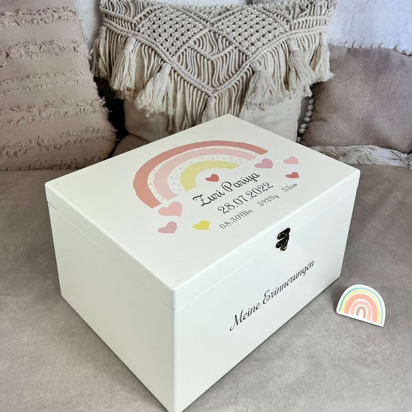 Erinnerungskiste Baby Regenbogen, weiß groß, Erinnerungsbox, Holzkiste mit Geburtsdaten, Geschenk zur Geburt