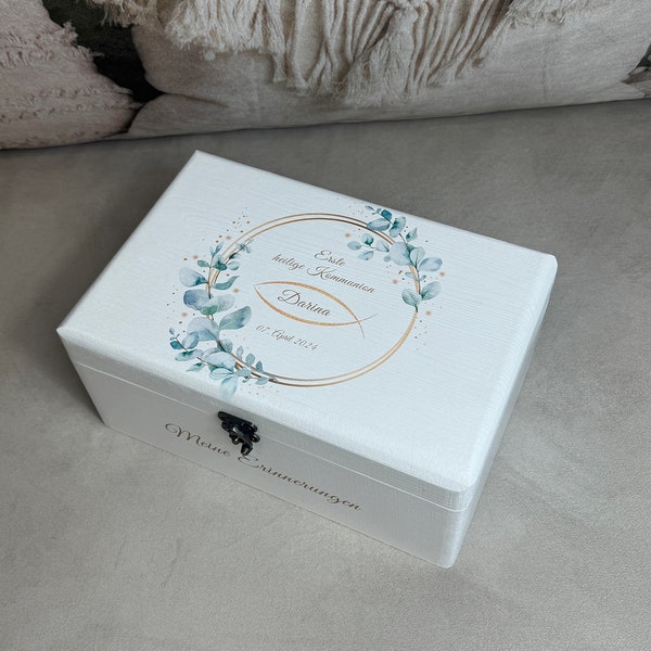 Caja de recuerdos de comunión blanca, zarcillos de flores, corona, floral, caja de recuerdos con fechas de nacimiento, regalo para nacimiento, bautismo o comunión