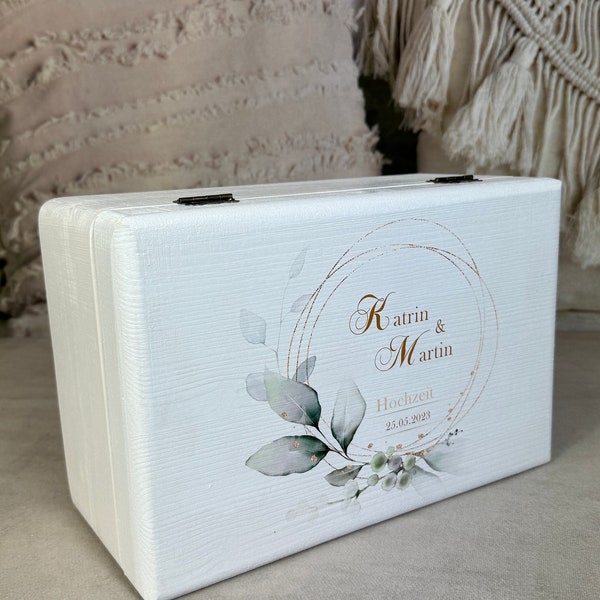 Wedding box floral, with eucalyptus wreath and name l date personalized, wedding gift for newlyweds, wooden packaging