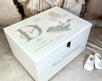 Baby white large memory box, cute whale with balloons, birth gift, baby gift, memory box with birth dates