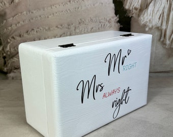 Hochzeitsbox Mr Right und Mrs always right, mit Namen l Datum personalisiert,  Geschenk zur Hochzeit für Brautpaar, Verpackung aus Holz