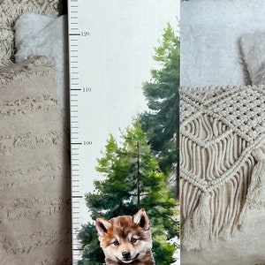 Vareta de medição infantil lobo fofo, personalizada, 70 cm-160 cm, madeira maciça pintada de branco, presente de nascimento, batismo, Páscoa.