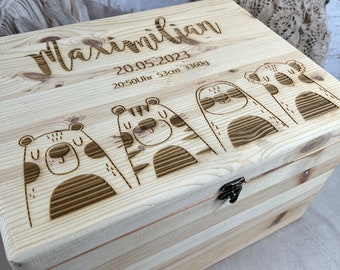 Memory box forest animals, bear, engraved, boho, memory box with names and dates of birth, baby gift, engraving