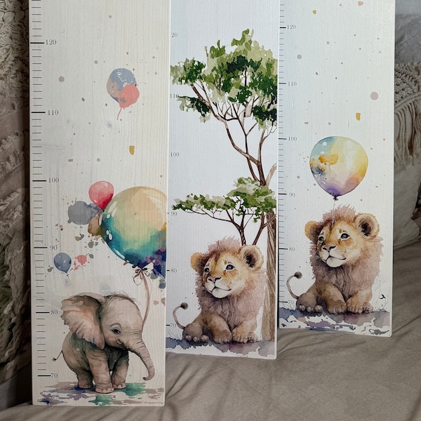 Children's measuring stick, personalized, various motifs - lion in savannah landscape, lion with balloons, elephant with balloons.